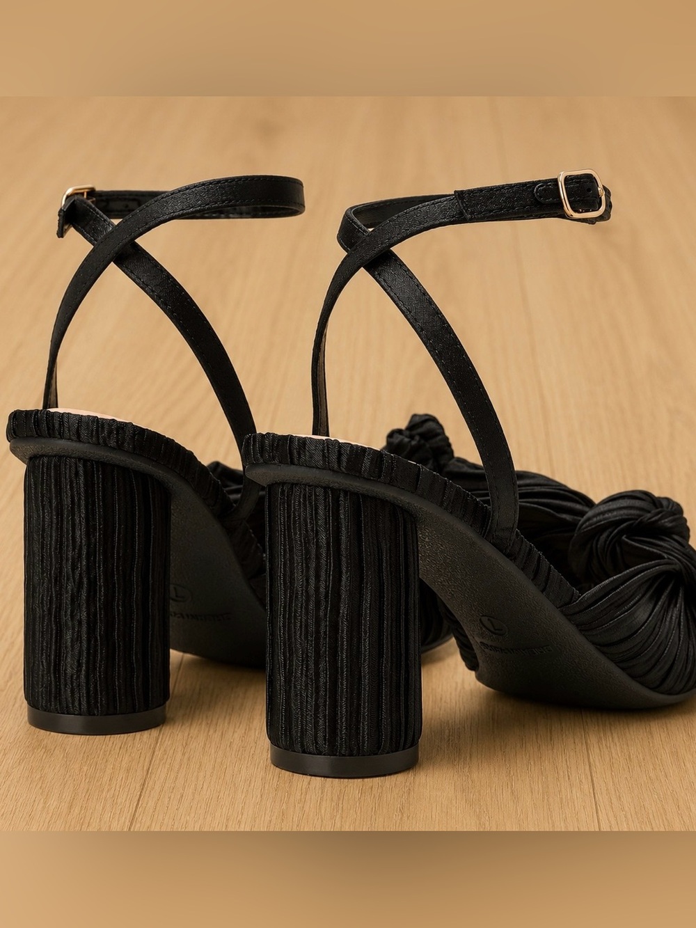 Black Pleated Bow Block Heel Sandals Size 6 | Ankle Strap Dress Shoes - Picture 4 of 7